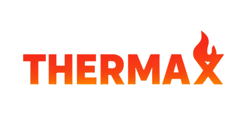 Thermax logo with a flame symbol on a black background